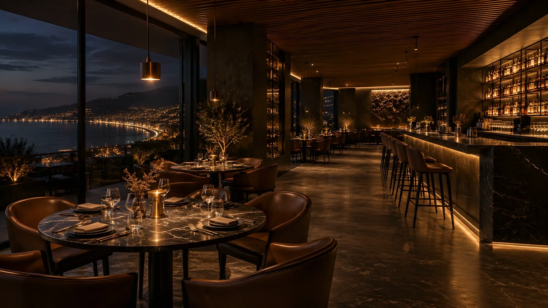 Deniz manzaralı, koyu tonlarda lüks restoran iç mimarisi konsepti