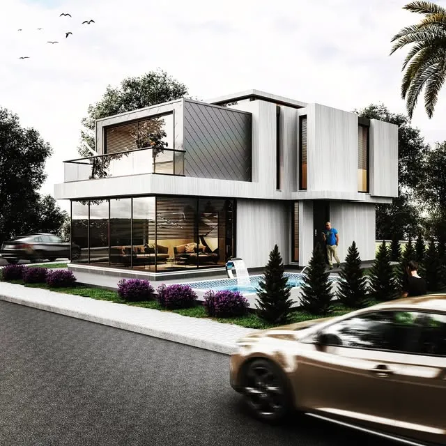 Beyaz ve gri cepheli iki katlı modern villa, önünde peyzaj ve yol